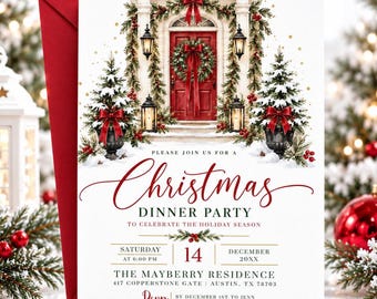 Christmas Dinner Party Invitation, Holiday Dinner Invite, Traditional Red and Green Friendsmas Editable Canva Template