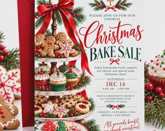 May include: A Christmas bake sale flyer featuring a three-tiered stand filled with gingerbread men, cupcakes, and cookies. The text reads: Please join us for our church Christmas Bake Sale, Saturday Dec 14, 9:00 AM - 2:00 PM, Grace Community Church, 417 Copperstone Gate, Austin, TX 78703.