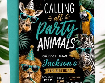 パーティーアニマルズ誕生日招待状、ワイルドワン動物園パーティー招待状、男の子6歳誕生日招待状、デジタル招待状