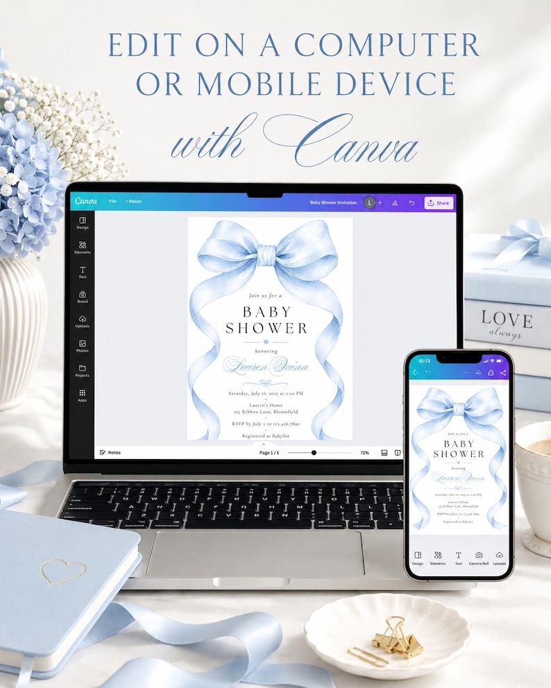 May include: A digital baby shower invitation template displayed on a laptop screen and a smartphone, featuring a large light blue watercolor bow at the top and elegant black text. The text reads EDIT ON A COMPUTER OR MOBILE DEVICE with Canva.