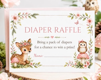 May include: A rectangular white diaper raffle card featuring pink text that reads DIAPER RAFFLE, Bring a pack of diapers for a chance to win a prize!, and Name:. The card is decorated with watercolor illustrations of a fawn, an owl, and flowers.