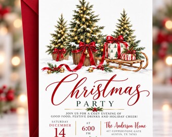Christmas Party Invitation, Holiday Dinner Party Invite, Christmas Open House Editable Canva Template