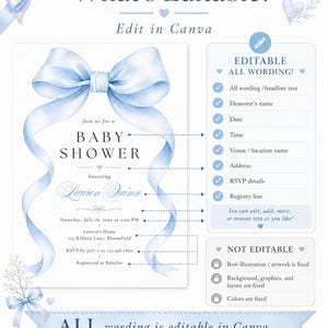 May include: A digital baby shower invitation template featuring a large watercolor light blue bow at the top. The text includes What's Editable, Edit in Canva, Baby Shower, Lauren Quinn, and event details. A sidebar lists editable and fixed elements.