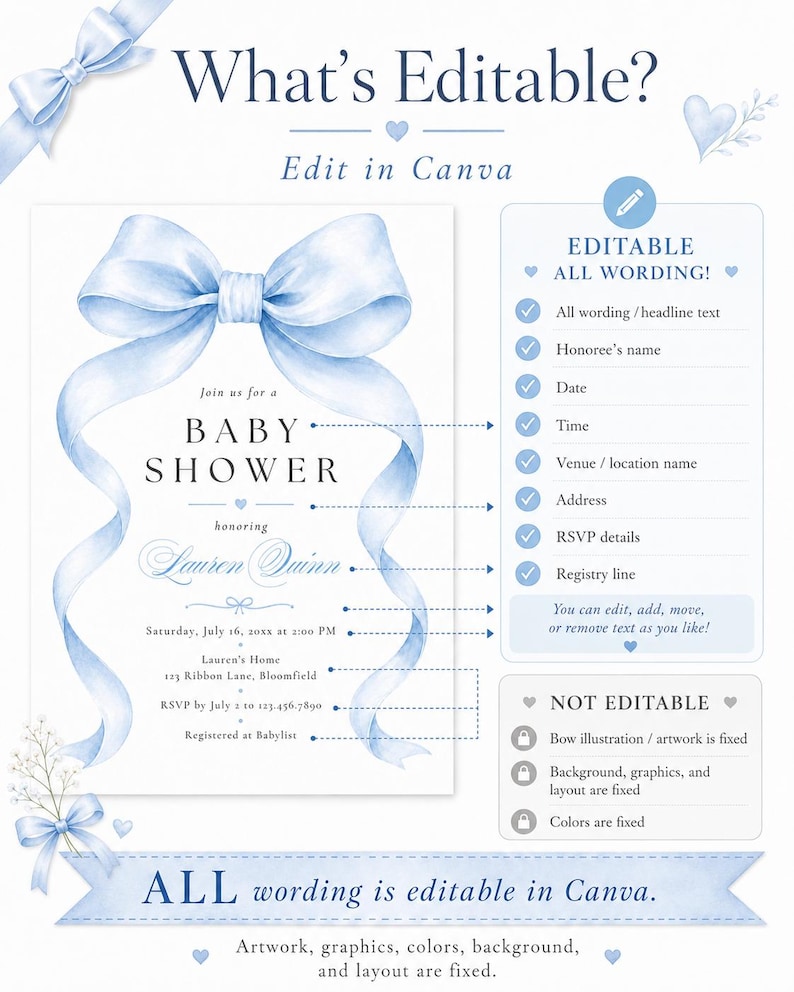 May include: A digital baby shower invitation template featuring a large watercolor light blue bow at the top. The text includes What's Editable, Edit in Canva, Baby Shower, Lauren Quinn, and event details. A sidebar lists editable and fixed elements.
