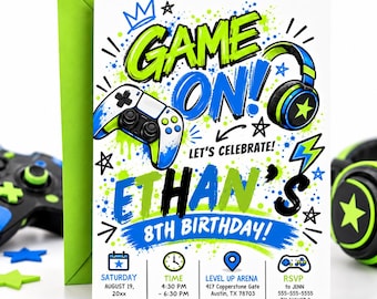 May include: A rectangular birthday invitation card with a bright green envelope, featuring the text GAME ON! ETHAN'S 8TH BIRTHDAY! in blue and green. The design includes illustrations of a video game controller, headphones, stars, and lightning bolts.