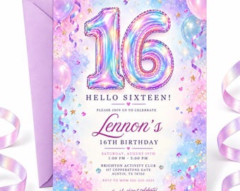 以下が含まれることがあります： 16歳の誕生日招待状。虹色に輝くバルーン風の数字、ピンク、青、紫のパステルカラーの水彩画風の雲、金色の星のアクセントが特徴です。Hello Sixteen、Lennon's 16th Birthday、イベントの詳細が記載されています。