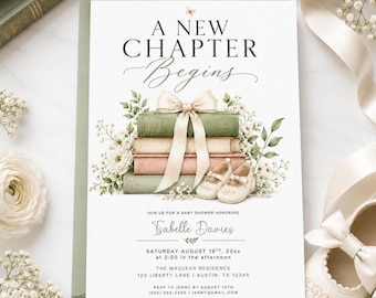 May include: A white baby shower invitation card featuring the text A NEW CHAPTER BEGINS, a stack of four books tied with a cream ribbon, and a pair of cream baby shoes. The card includes details for Isabelle Davies on August 19th in Austin, TX.