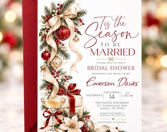 クリスマスブライダルシャワー招待状、結婚シーズン招待状、ホリデーウェディングシャワー編集可能なCanvaテンプレート