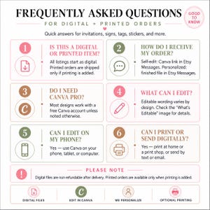 May include: An informational graphic titled Frequently Asked Questions for digital and printed orders. It features six numbered sections with icons and text explaining order processes, Canva editing, and printing options for invitations, signs, and tags.