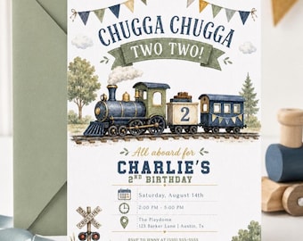 May include: A birthday invitation card featuring a steam train illustration with the text CHUGGA CHUGGA TWO TWO! and CHARLIE'S 2ND BIRTHDAY. The design includes bunting, a railroad crossing sign, and event details for Saturday, August 14th.