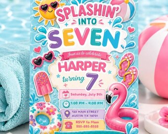 Einladung zur Poolparty-Geburtstagsfeier, Einladung zum „Splash Into Seven“-Fest, Einladung zum Mädchengeburtstag, Digitale Einladung