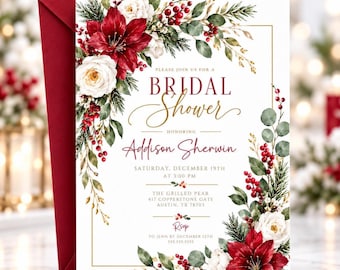 Christmas Bridal Shower Invitation, Winter Floral Wedding Shower Invite, Red Poinsettia Editable Canva Template