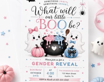 May include: A gender reveal invitation card featuring two ghosts, a black cauldron with pink and blue bubbles, and pink and blue pumpkins. The text reads: Something sweet, something spooky, What will our little BOO be? Please join us for a gender reveal.