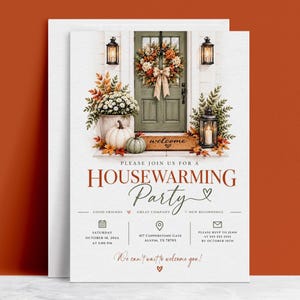 May include: A housewarming party invitation featuring a green door with a fall wreath, pumpkins, and lanterns. Text includes: PLEASE JOIN US FOR A HOUSEWARMING PARTY, SATURDAY OCTOBER 18, 20XX AT 5:00 PM, 417 COPPERSTONE GATE AUSTIN, TX 78703, RSVP TO JENN.