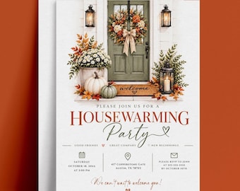 May include: A housewarming party invitation featuring a green door with a fall wreath, pumpkins, and lanterns. Text includes: PLEASE JOIN US FOR A HOUSEWARMING PARTY, SATURDAY OCTOBER 18, 20XX AT 5:00 PM, 417 COPPERSTONE GATE AUSTIN, TX 78703, RSVP TO JENN.