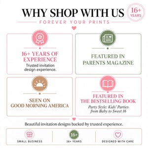 May include: An infographic titled WHY SHOP WITH US featuring four sections with icons and text: 16+ YEARS OF EXPERIENCE, FEATURED IN PARENTS MAGAZINE, SEEN ON GOOD MORNING AMERICA, and FEATURED IN THE BESTSELLING BOOK Party Style: Kids' Parties from Baby to Sweet 16.