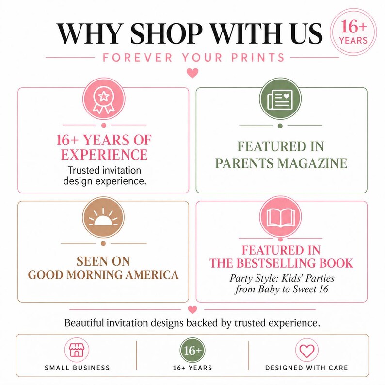 May include: An infographic titled WHY SHOP WITH US featuring four sections with icons and text: 16+ YEARS OF EXPERIENCE, FEATURED IN PARENTS MAGAZINE, SEEN ON GOOD MORNING AMERICA, and FEATURED IN THE BESTSELLING BOOK Party Style: Kids' Parties from Baby to Sweet 16.