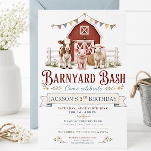 Convite de aniversário com tema de animais da fazenda, convite para festa de aniversário de menino