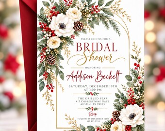 Winter Bridal Shower Invitation, Rustic Christmas Wedding Shower Invite, Floral Bridal Brunch Editable Canva Template