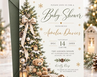 Christmas Baby Shower Invitation, Neutral Winter Baby Shower Invite, Teddy Bear Christmas Tree Editable Canva Template