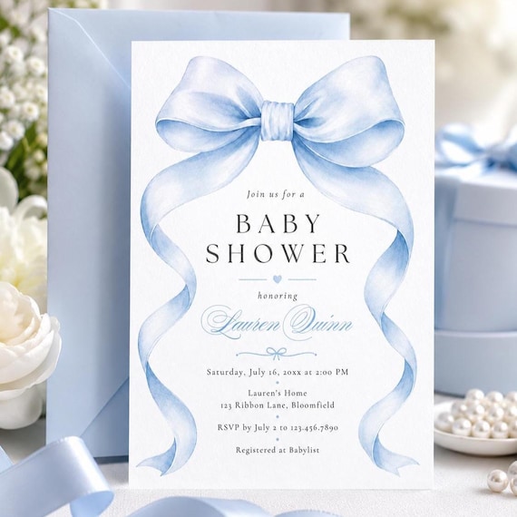 Blue Bow Baby Shower Invitation, Coquette Baby Shower Invite, Baby Boy Shower Canva Template, Digital Invitation