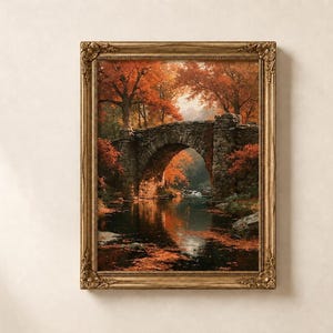 Autumn Stone Bridge Painting, Vintage Forest River Wall Art Print, Rustic Woodland Digital Download, Large Printable Landscape
