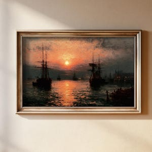 May include: A framed landscape painting depicting a harbor scene at sunset with multiple sailing ships silhouetted against a bright orange sun. The water reflects the warm light, and the sky is filled with textured, dark, and orange clouds.