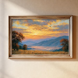 Golden Valley Sunset Painting, Vintage Autumn Landscape Print, Birds in Flight Wall Art, Digital Download, Large Printable