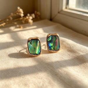 French Vintage Abalone Shell Earrings – Rectangular Geometric Gold Studs – Iridescent Mother of Pearl Jewelry – Dainty Commute Gift