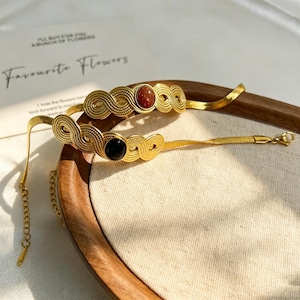 Pulsera de oro trenzado con piedras preciosas – Joyería vintage de cadena de filigrana – Brazalete estilo boho – Regalo boho ajustable para ella – Grabado personalizado