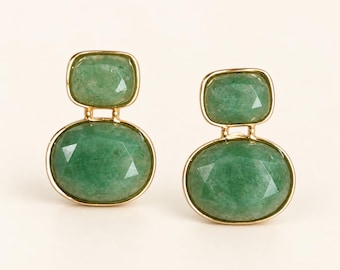Natural Green Aventurine Double Stone Earrings • Faceted Gemstone Gold-Framed Studs • Minimalist Jewelry Gift