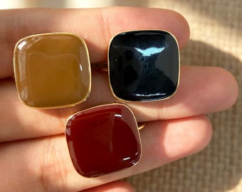 Vintage Square Drop Earrings, Geometric Leverback Hoop Earrings, Classic Modern Gold Tone Jewelry in Black, Amber Yellow & Burgundy Red