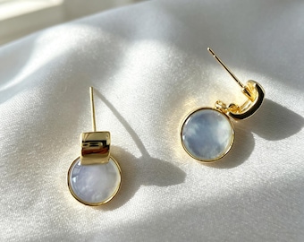 Mother of Pearl Shell Drop Earrings, Minimalist Gold and Silver Earrings, Ocean Inspired Jewelry, Elegant Everyday Earrings Gift for Her