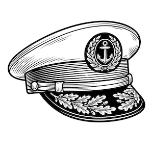 Puede incluir: Ilustración en blanco y negro de una gorra de oficial de la marina. La gorra presenta una corona blanca, una visera negra con un diseño de hojas de roble y una banda negra con un botón dorado. Un emblema circular con un ancla está centrado.