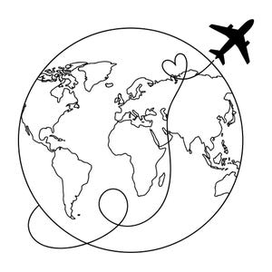 May include: A black and white line drawing of the Earth with continents and oceans. A plane flies around the globe, with a heart-shaped loop in its flight path. The image is a simple illustration of travel.