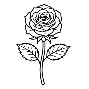 May include: Black and white line art illustration of a rose. The rose has many detailed petals, a stem, and two leaves. The image is a simple, elegant design, suitable for various applications.