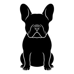 May include: A black silhouette of a French Bulldog dog in a sitting position. The dog's features are outlined in white, including the face, ears, and paws. The image is a simple, graphic representation of the breed.