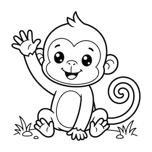Puede incluir: Ilustración de dibujos animados en blanco y negro de un mono sonriente saludando con la mano. El mono tiene ojos grandes, una nariz pequeña y una cola rizada. Está sentado sobre un césped.