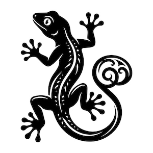 May include: A black and white illustration of a gecko. The gecko is depicted in a stylized, artistic manner, with a long tail that curls into a decorative spiral. The gecko's body has a series of small white dots.