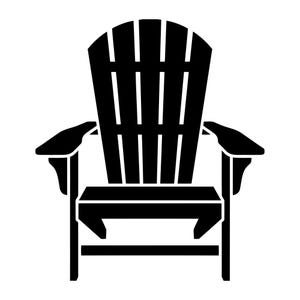 May include: Black Adirondack chair silhouette. The chair features a slatted back, wide armrests, and a sturdy frame. This outdoor chair is designed for comfort and relaxation, perfect for a patio or deck.