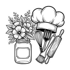 May include: Black and white illustration featuring a mason jar filled with flowers, a chef's hat, and various baking tools. The tools include a whisk, fork, pastry brush, and rolling pin. The image has a clean, line-art style.