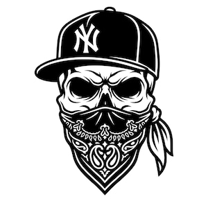 May include: Black and white illustration of a skull wearing a black baseball cap with the New York Yankees logo and a paisley bandana covering the lower face. The bandana is tied at the back.