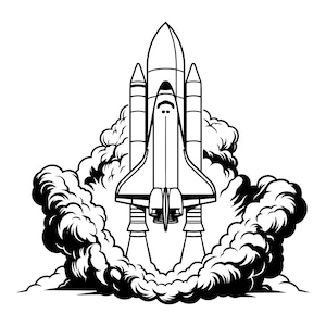 Puede incluir: Ilustración en blanco y negro de un transbordador espacial despegando. El transbordador se representa con líneas detalladas, rodeado de humo y llamas de los motores, sobre un fondo blanco.