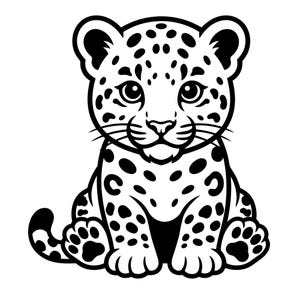 Op de afbeelding: Een zwart-wit illustratie van een zittende jaguarwelp. De welp heeft grote ogen, een kleine neus en een zwartgevlekte vacht. De afbeelding is een eenvoudige tekening in cartoonstijl, ideaal voor kinderproducten.