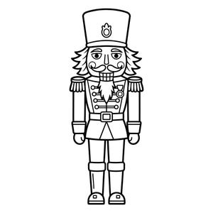 May include: Black and white illustration of a traditional nutcracker soldier. The nutcracker is wearing a tall hat, uniform with epaulettes, and a belt. It has a long mustache and a beard. The image is a line drawing.