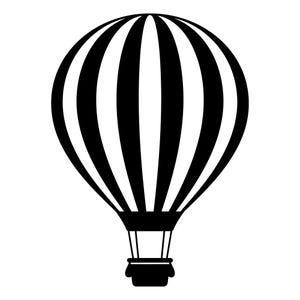 May include: A black and white hot air balloon illustration. The balloon's body features alternating vertical stripes. A basket hangs below, connected by vertical lines. The design is simple and graphic, suitable for various applications.