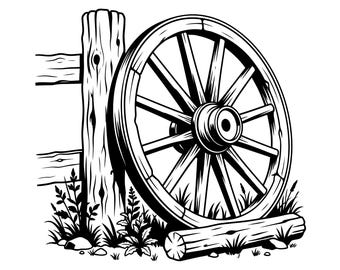 File laser SVG di ruota rustica e recinzione in legno, legno, country, western, carrozza, vettore Cricut, file di taglio, download digitale, commerciale Emirati Arabi Uniti