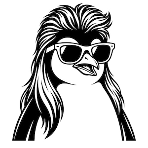 Puede incluir: Ilustración en blanco y negro de un pingüino con gafas de sol y un peinado mullet. El pico del pingüino está ligeramente abierto y las gafas tienen montura blanca. Diseño gráfico, probablemente para ropa o pegatinas.