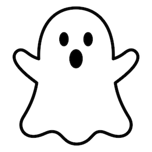 May include: A simple, cartoon-style ghost illustration. The ghost is white with a black outline, two black eyes, and a wide open black mouth. It has outstretched arms, giving it a friendly appearance. Perfect for Halloween-themed products.