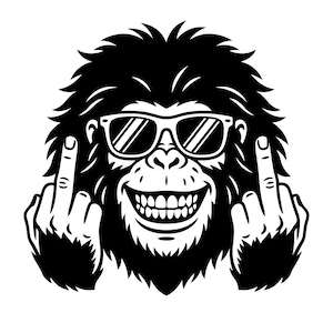 May include: A monochrome illustration of a gorilla wearing sunglasses, displaying both middle fingers. The gorilla has a large grin and a hairy head, with the fingers clearly visible.